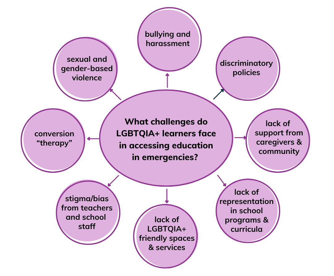 What challenges do LGBTQIA+ learners face in accessing education in emergencies? Homophobic and transphobic bullying, harassment, and violence. Discriminatory policies. Stigma and bias from teachers and school staff. Lack of support from caregivers and community. Lack of representation in school programs and curricula. Lack of LGBTQIA+ friendly spaces and services. Conversion “therapy.”