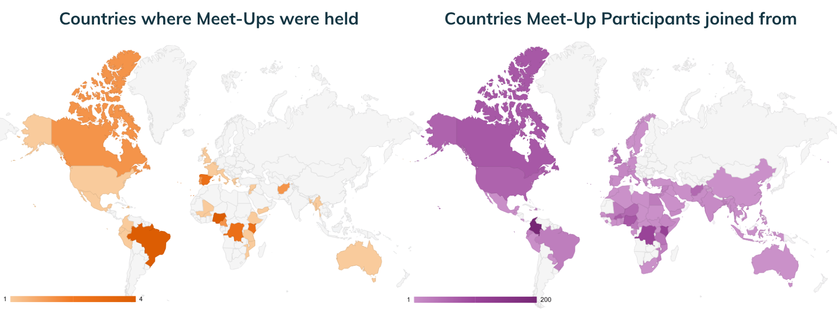 Map of countries where Meet-Ups took place or participants joined from