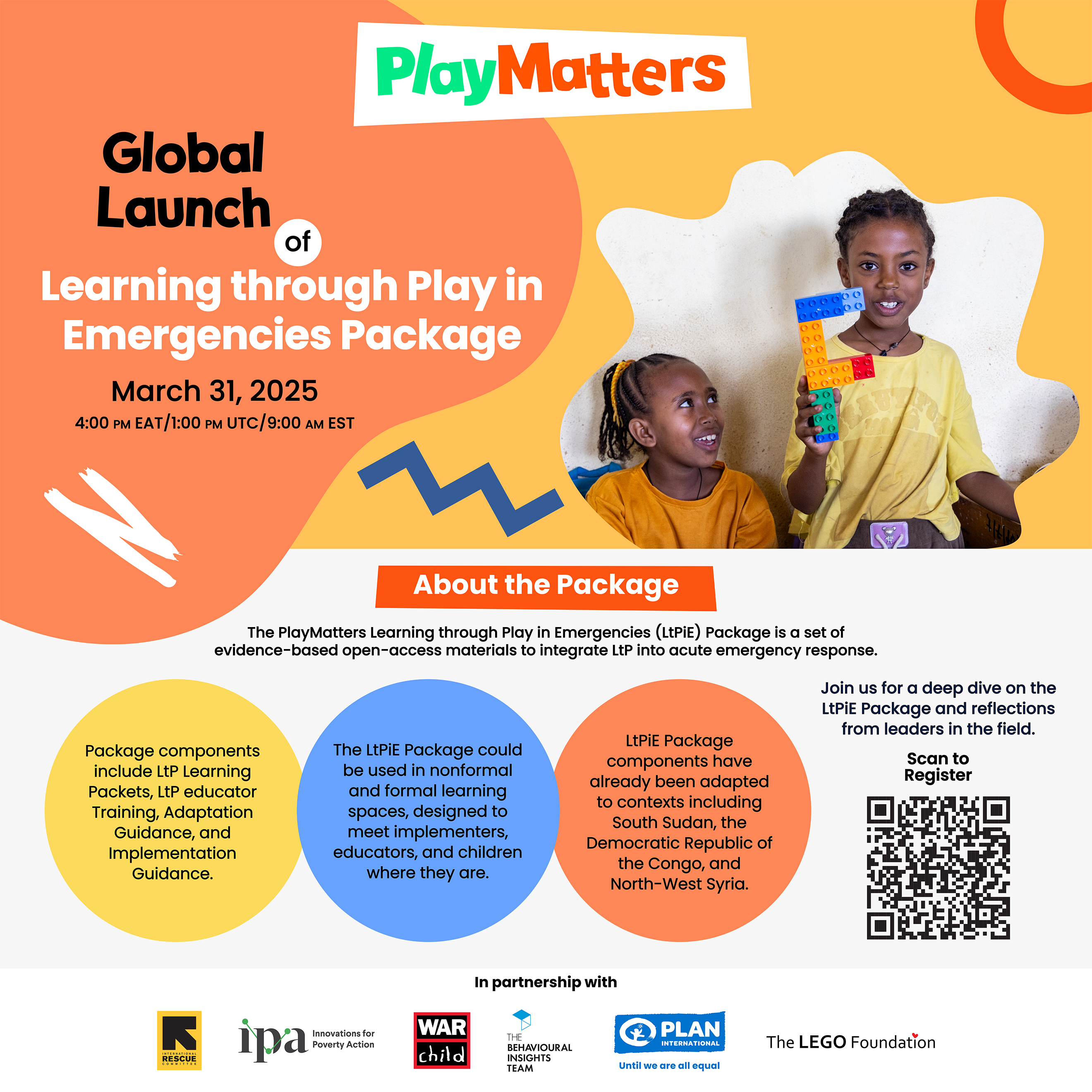 Flyer with a picture of children, title: Global Launch of Learning through Play in Emergencies Package