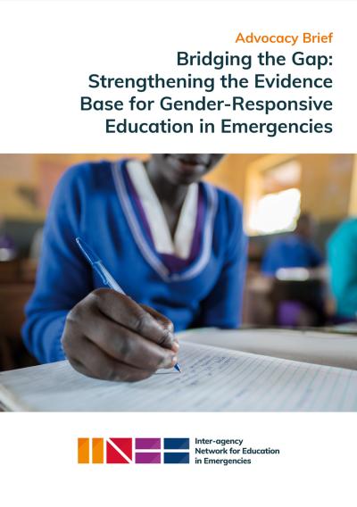 Bridging the Gap advocacy brief cover, image of a young woman in a blue uniform in a classroom writing in a book