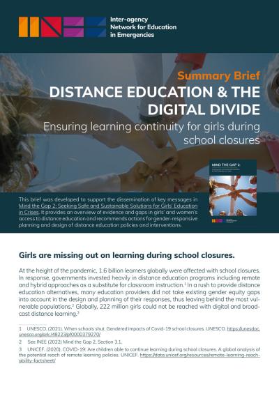 Cover of summary brief on distance education and the digital divide - background picture of children joining hands across a blue sky, foreground image of the cover of the Mind the Gap 2 report