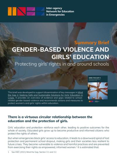 Cover of summary brief on school-related gender-based violence - background picture of children joining hands across a blue sky, foreground image of the cover of the Mind the Gap 2 report