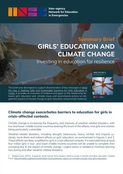 Cover of summary brief on girls education and climate change - background picture of children joining hands across a blue sky, foreground image of the cover of the Mind the Gap 2 report