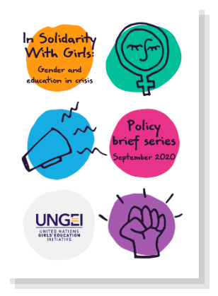 a cover page wth the text "In Solidarity with Girls: Gender and Education in Crisis" and "Policy Briefing Series", and UNGEI's logo