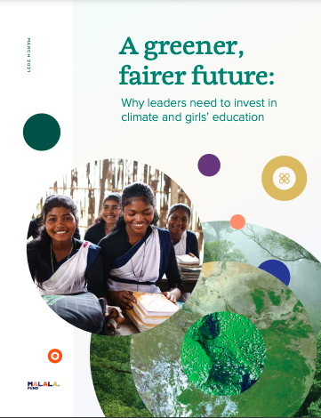 Report cover with images of girls and the world, and the text: A greener, fairer future