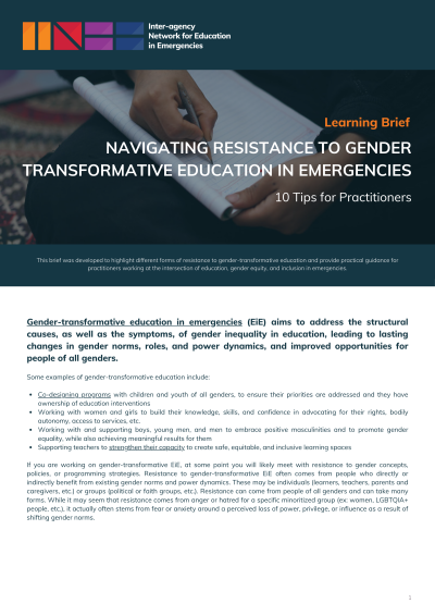 Cover image for Navigating Resistance to Gender-Transformative Education in Emergencies: 10 Tips for Practitioners. Cover features the image of a young woman's hands, writing in a notebook