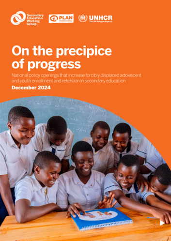 Cover image for "On the precipice of progress" report - image shows 8 African youth in a classroom, looking at a blue book 